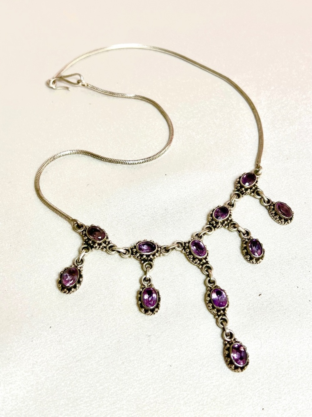 Vintage 925 Sterling Amethyst Y-Drop Bali Festoon Necklace, 950 Silver Chain
